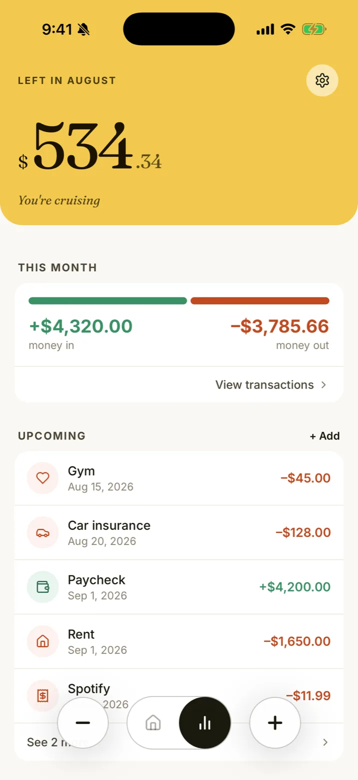 RiceBowl overview screen showing money in, money out, and upcoming bills