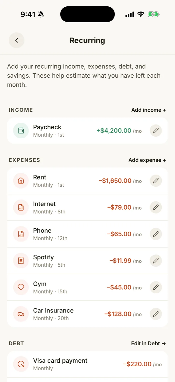 Recurring screen listing paycheck, rent, internet, phone, and subscriptions